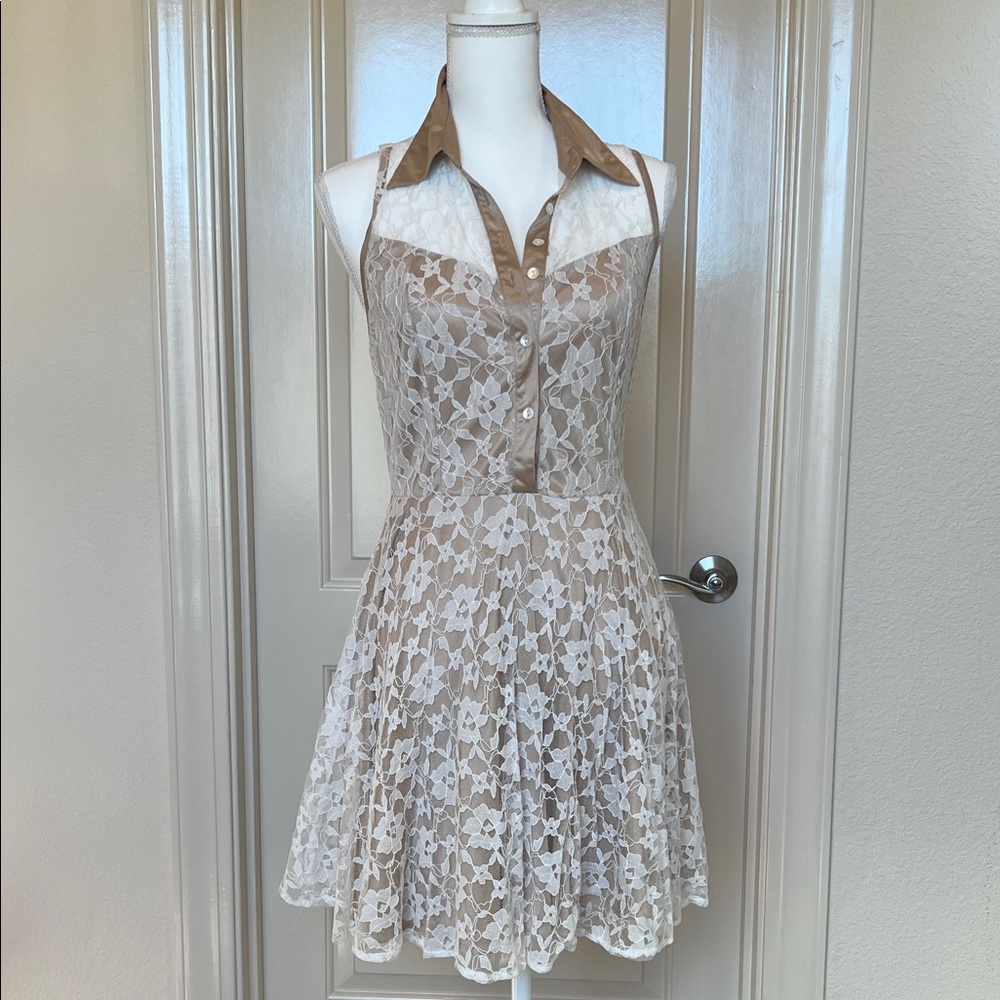 Pinky Cream Lace Mini Dress with Tan Collar
